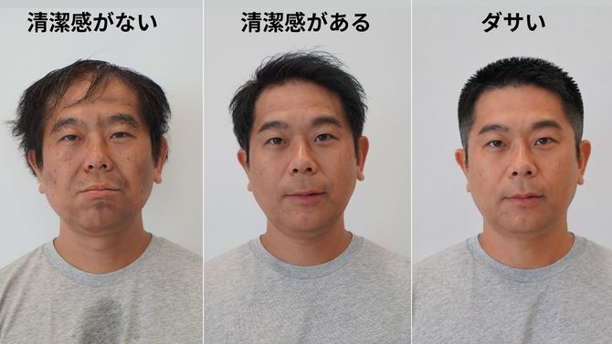 髪型を変えるだけでも印象は激変する（一番右はAIで作成）