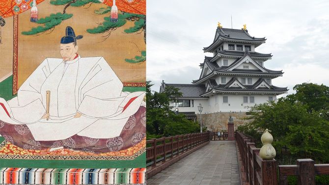 左＝「豊臣秀吉像」、高台寺蔵、右＝墨俣一夜城（大垣市墨俣歴史資料館）