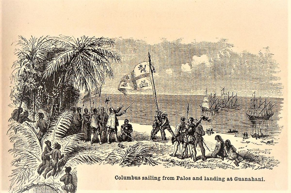 コロンブスが1492年にグアヌアハニ（バハマ）に船の彼の艦隊を上陸させた様を描いたイラスト（1872年）