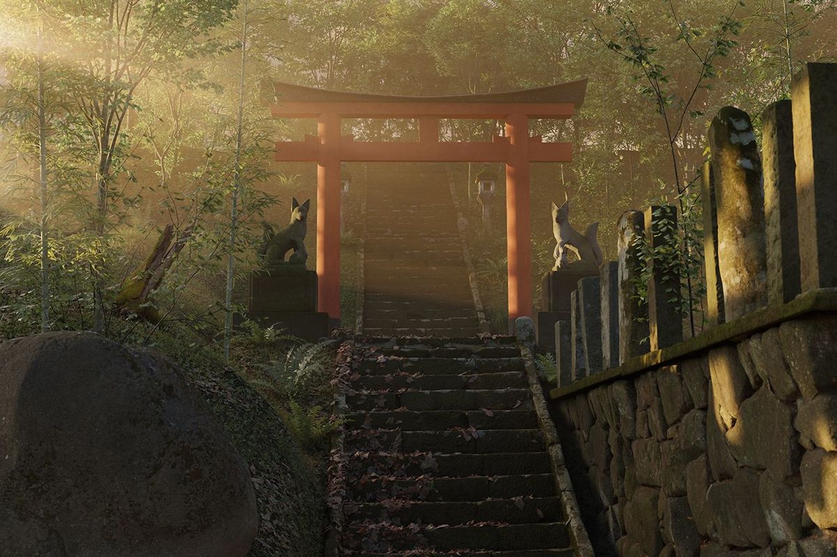赤い鳥居の門と太陽の光に照らされた石のランタンを備えた古い日本の神社の3Dレンダリング
