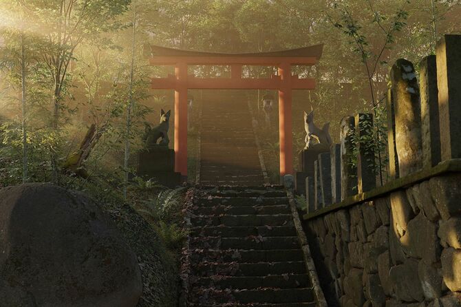 赤い鳥居の門と太陽の光に照らされた石のランタンを備えた古い日本の神社の3Dレンダリング