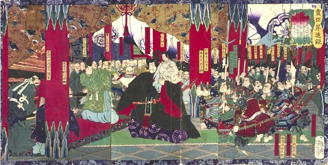『大日本歴史錦繪 豊臣昇進録』は三法師を抱いて立つ秀吉と、勝家・信孝・信雄らが睨み合っている。出典=国立国会図書館所蔵