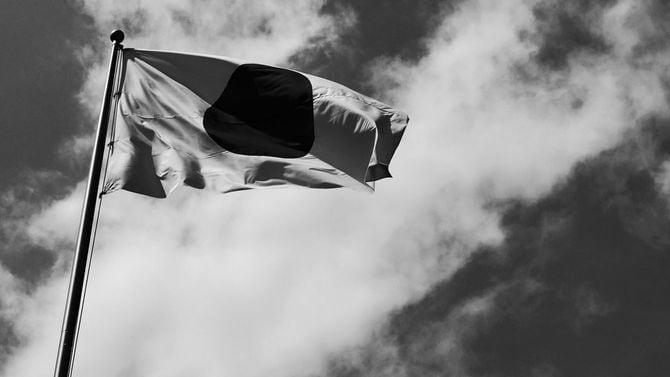 風にたなびく日の丸(白黒)