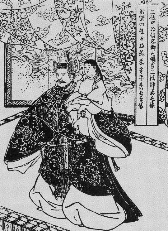 『絵本太閤記』より、清洲会議の一場面。3歳の三法師を抱いて現れた豊臣秀吉