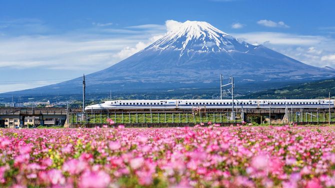 春の新幹線と富士山