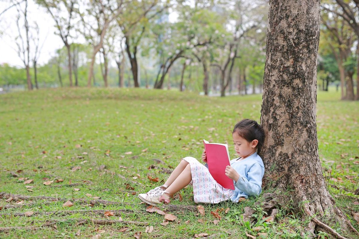 公園の木の幹のそばで本を読む女の子