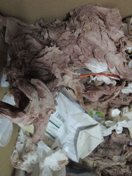 紫色になったティッシュペーパーのゴミ。尿が染みこんでいると思われる。