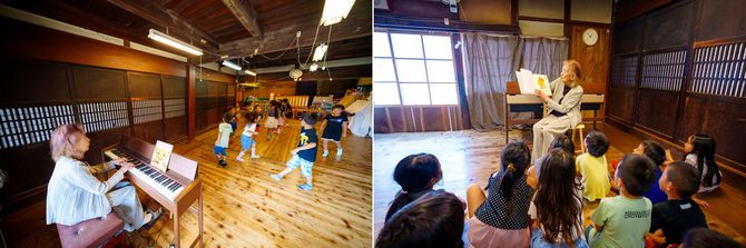 繁子さんのピアノに合わせて子どもたちが体を動かすリトミック（左）と読み聞かせ（右）