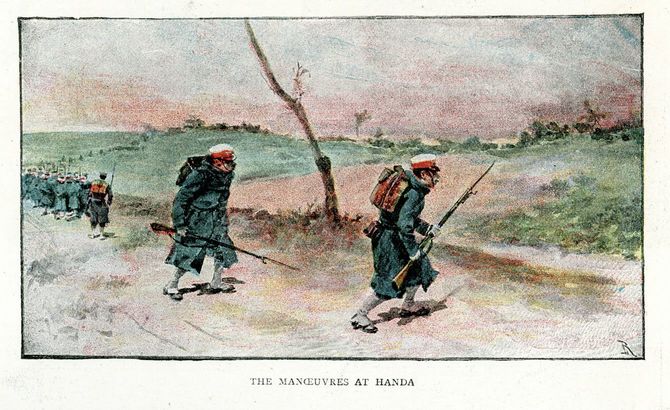 愛知県半田市での日本陸軍の演習を描いたビンテージカラーのエングレーヴィング。野原を進む歩兵。グラフィック、1891年