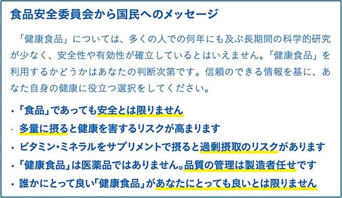 内閣府食品安全委員会は、機能性表示食品制度がスタートした2015年、健康食品に関する報告書をまとめ、注意を呼びかけた