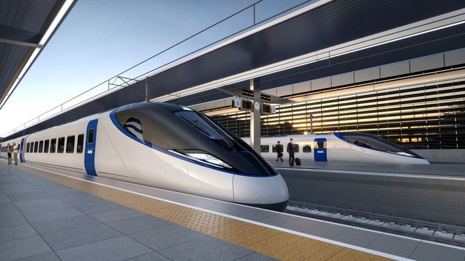HS2の完成予想図。白地に青い線の塗装が東海道新幹線の「のぞみ」を感じさせる