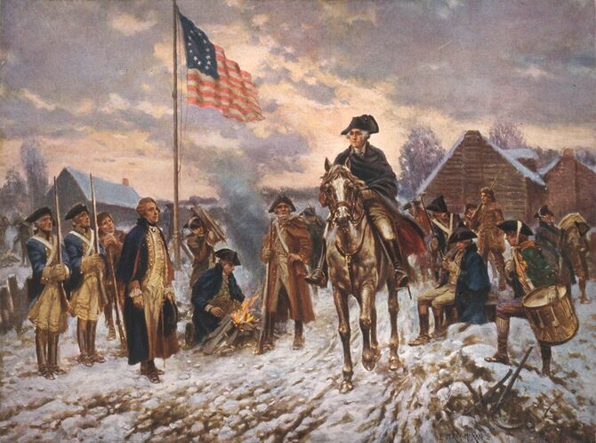 アメリカ独立戦争時、13植民地が編成した「大陸軍」の最高司令官に任命されたジョージ・ワシントン（中央馬上の人物。20世紀初頭に描かれたの絵画より）