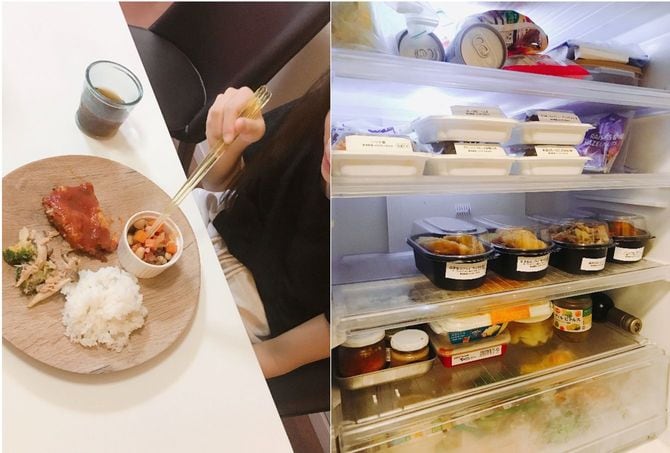 届いたばかりの惣菜が並ぶ、木村さん宅の冷蔵庫。ワンプレートに盛り付けられた惣菜にご飯も盛って食べる長女。