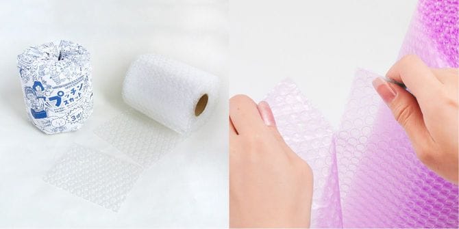 （左）つぶすためだけに開発された「プッチンスカット」（右）プッチンロールはミシン目があり、簡単に切り離せる。