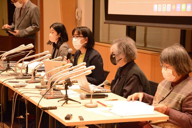 上田清司参院議員の公設秘書からの性暴力被害を訴える訴訟を起こし、記者会見する原告側弁護団＝東京都港区、2023年3月8日