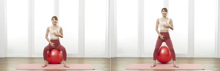 ［基本動作のポイント③］写真（右／左）を参考に、恥骨からみぞおちの間にある「腹直筋」というお腹の筋肉にグッと力を入れることを意識して跳びましょう