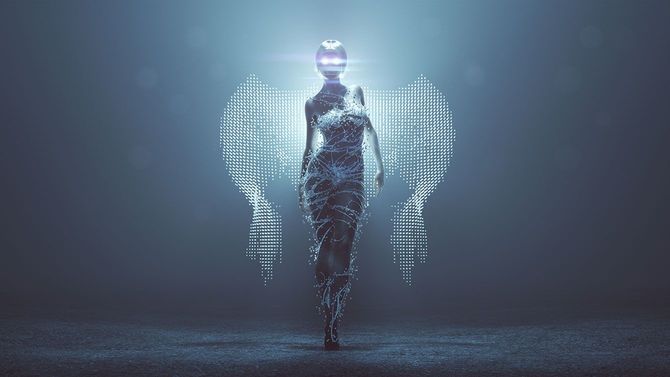 光る翼を持つ人物の3Dグラフィック