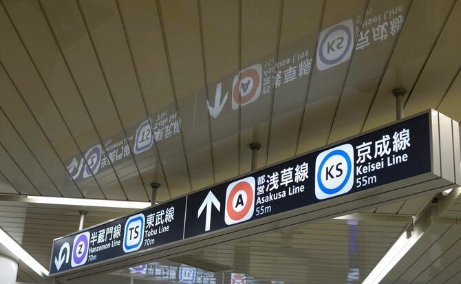 東京地下鉄駅の様々な路線を指す標識