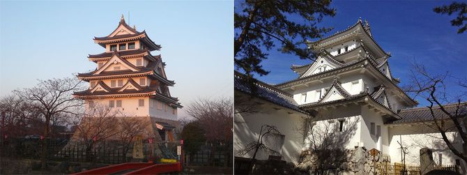 2008年2月29日、墨俣城（左）、2015年2月2日、大垣城（右）