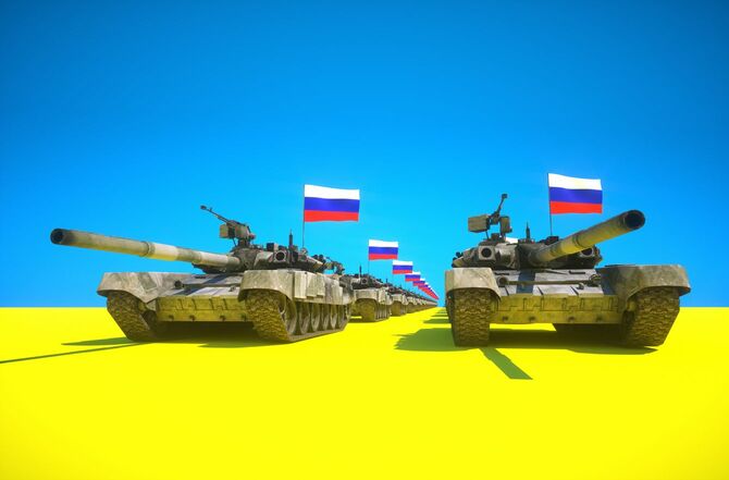 ウクライナカラーの大地にロシア国旗をつけた戦車が列をなし