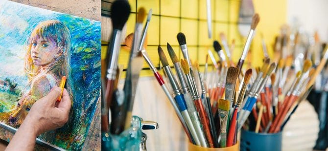 柴崎さんが描いた絵と絵筆