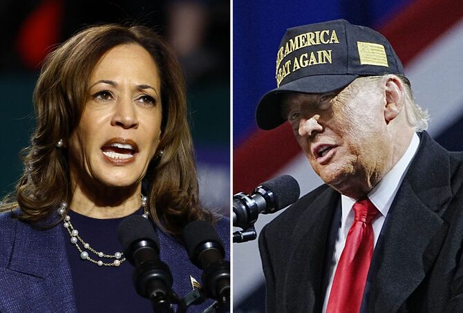 米大統領選の最終盤で、支持を訴える民主党候補ハリス副大統領(左)と共和党候補トランプ前大統領=2024年11月3日