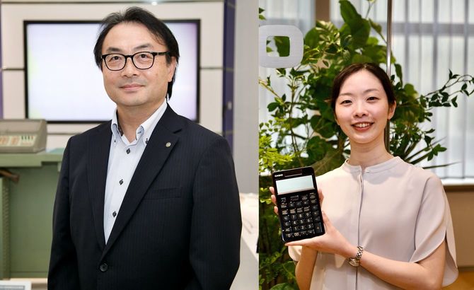 佐藤智昭・教育事業部長と漆電卓の商品企画を担当した野村美月さん