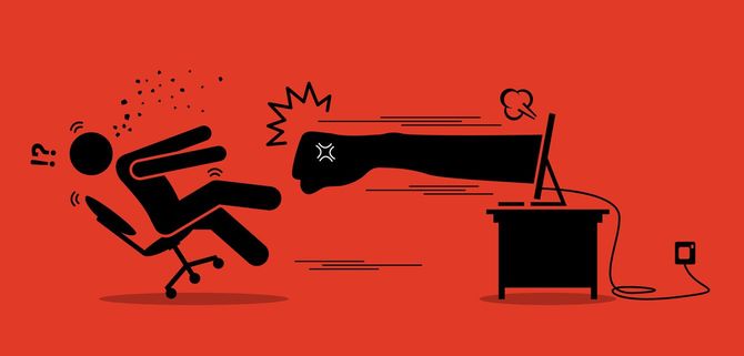 コンピュータのモニター画面から飛び出すパンチに驚く棒人間