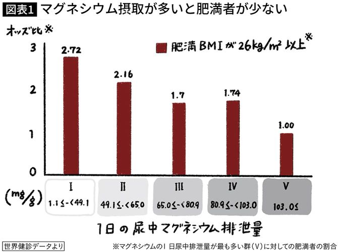 マグネシウム摂取が多いと肥満者が少ない
