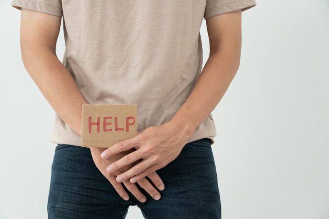 股間に手を当ててHELPのカードを出す男