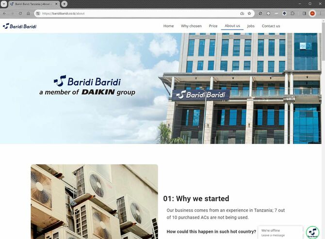 タンザニアでダイキンが設立した合弁会社、Baridi Baridiの現地向けウェブサイト