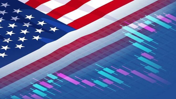 アメリカの国旗と証券取引所の取引チャート