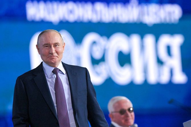 2026年3月26日、ロシアのモスクワで開催されたロシア産業企業家同盟（RSPP）の年次総会に出席したロシアのウラジーミル・プーチン大統領