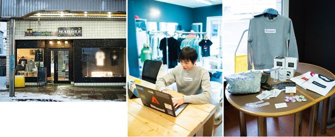 （右）篠原君がデザインしたTシャツやトレーナー。遠方からの注文も少なくない。（中・左）篠原君のオフィスが置かれているアパレルショップMARBLE。店長との出会いが、起業のきっかけとなった。