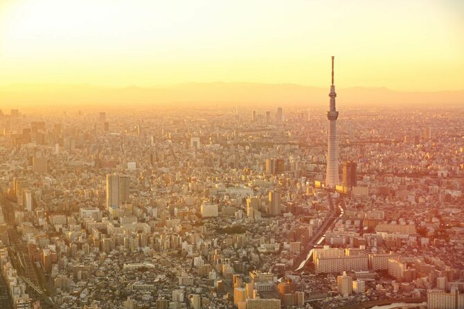 浅草、東京スカイツリーの上空からの撮影
