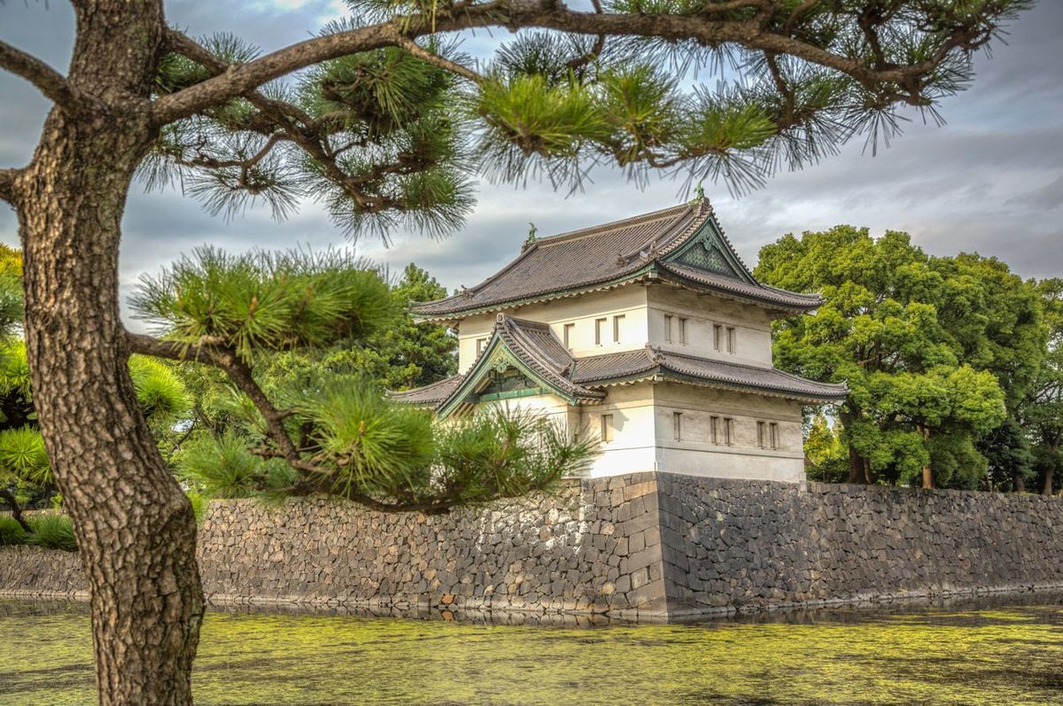 石垣、堀、松の木に囲まれた皇居
