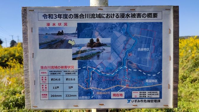 冠水エリアの近隣に掲示されているいすみ市危機管理課の看板。