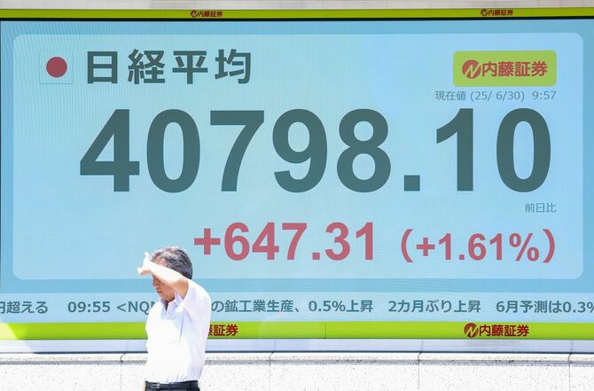 前週末に比べ、一時600円超値上がりした日経平均株価を示すモニター＝2025年6月30日午前、東京都中央区
