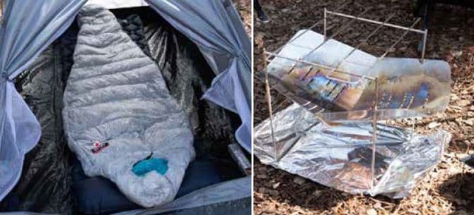 (写真左)寝袋、(写真右)ピコグリル