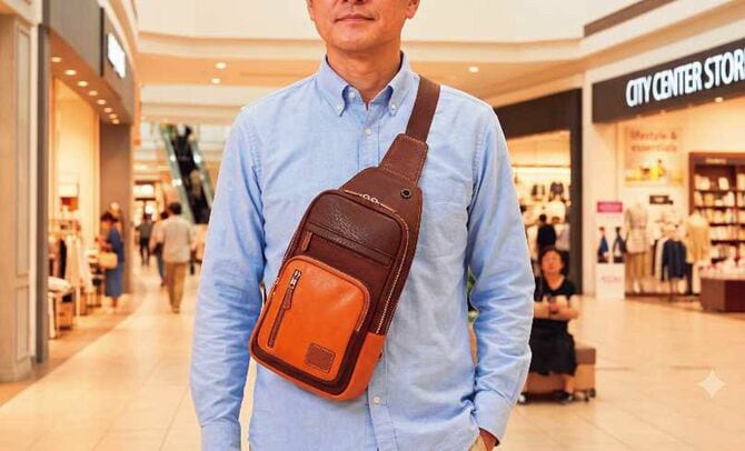 ボディバッグを体の正面に斜めがけした男性