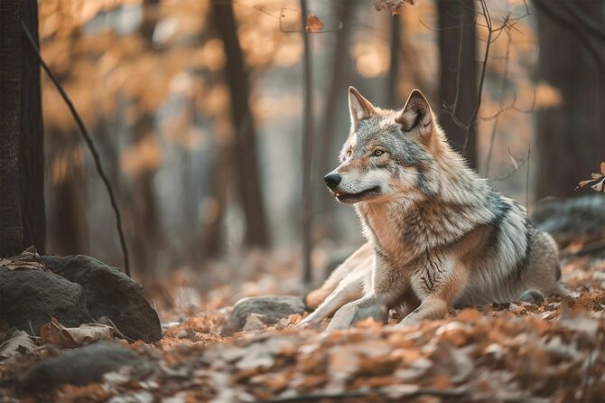 森に座っているオオカミ