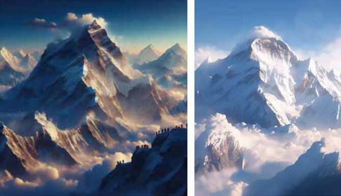 【画像1】DALL・E3でつくったエベレストの写真（左）、【画像2】Midjourneyでつくったエベレストの写真（右）