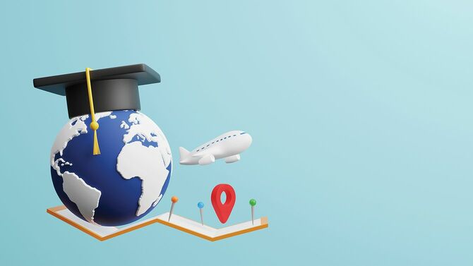 卒業帽と平面地図ピンとロケーションサイン3Dレンダリングによる世界の留学コンセプトデザイン