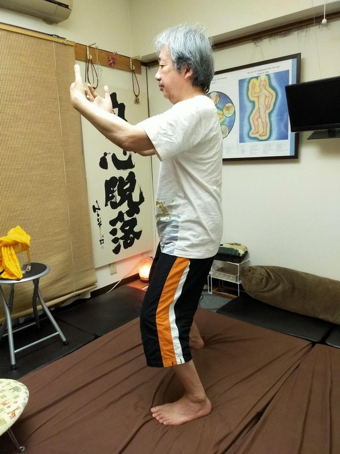 両腕を外方に開き背中を反らせて顎は引いたまま息を吸う