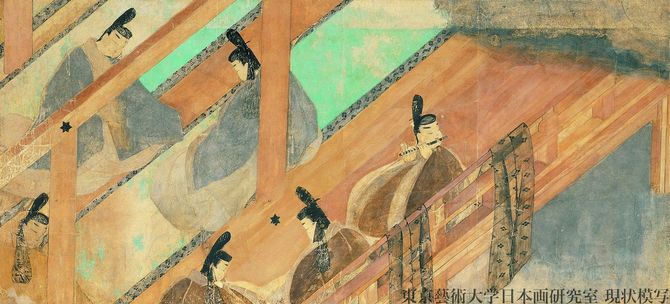 『源氏物語絵巻』より、『源氏物語』第38帖「鈴虫」（12世紀、五島美術館蔵）東京芸術大学日本画研究室 現状模写