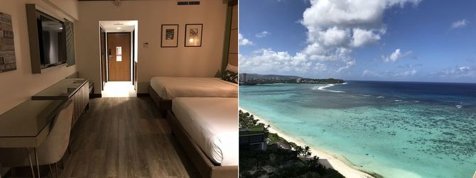 (左)部屋の様子/(右)島の中心地にあるホテルの隔離部屋(18階・オーシャンビューデラックスルーム)からの眺め。ベランダから脱出を図れないよう高層階に部屋割りされている