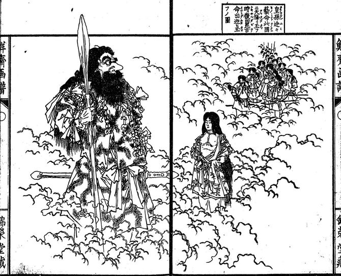 日本神話の「天孫降臨」の場面で、瓊瓊杵尊を出迎える猿田彦大神
