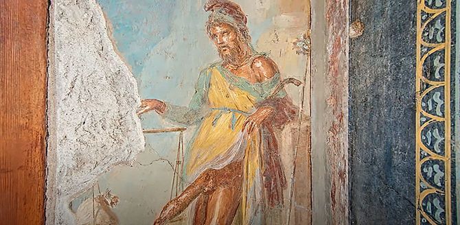 ポンペイ遺跡、ヴェッティの家にあるプリアポスのフレスコ画（写真＝Mary Harrsch／CC-BY-SA-4.0／Wikimedia Commons）