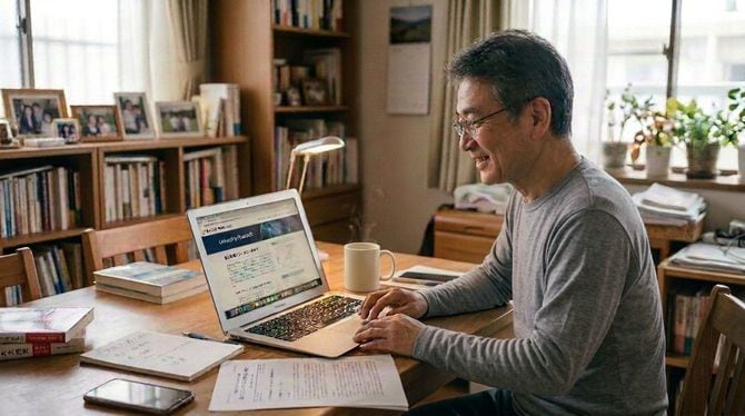 各大学の研究内容や成果を調べる父親