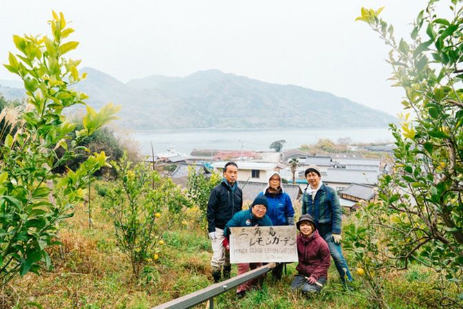 三角島のレモン畑。右端は三宅さん